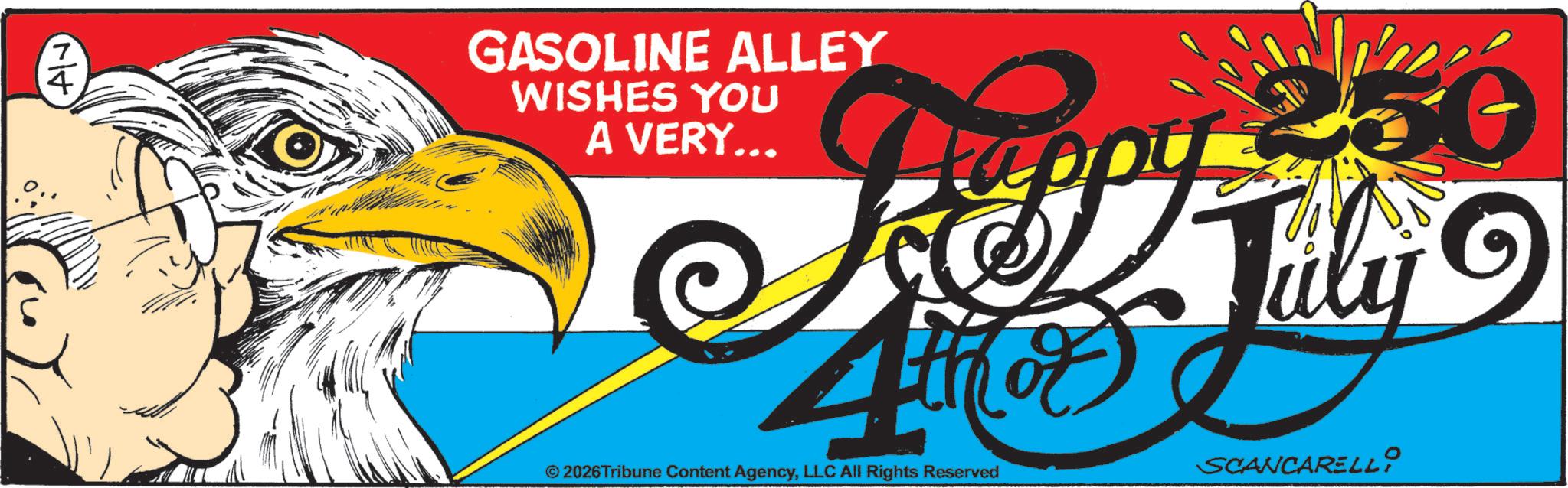 Vintage Advertisement OCR: 7 AN 4 GASOLINE ALLEY WISHES YOU A VERY... Happy 4thor © 2026 Tribune Content AgencyLLC All Rights Reserved SCANCARELL 7 AN 4 GASOLINE ALLEY WISHES YOU A VERY ... Happy 4thor © 2026 Tribune Content AgencyLLC All Rights Reserved SCANCARELL