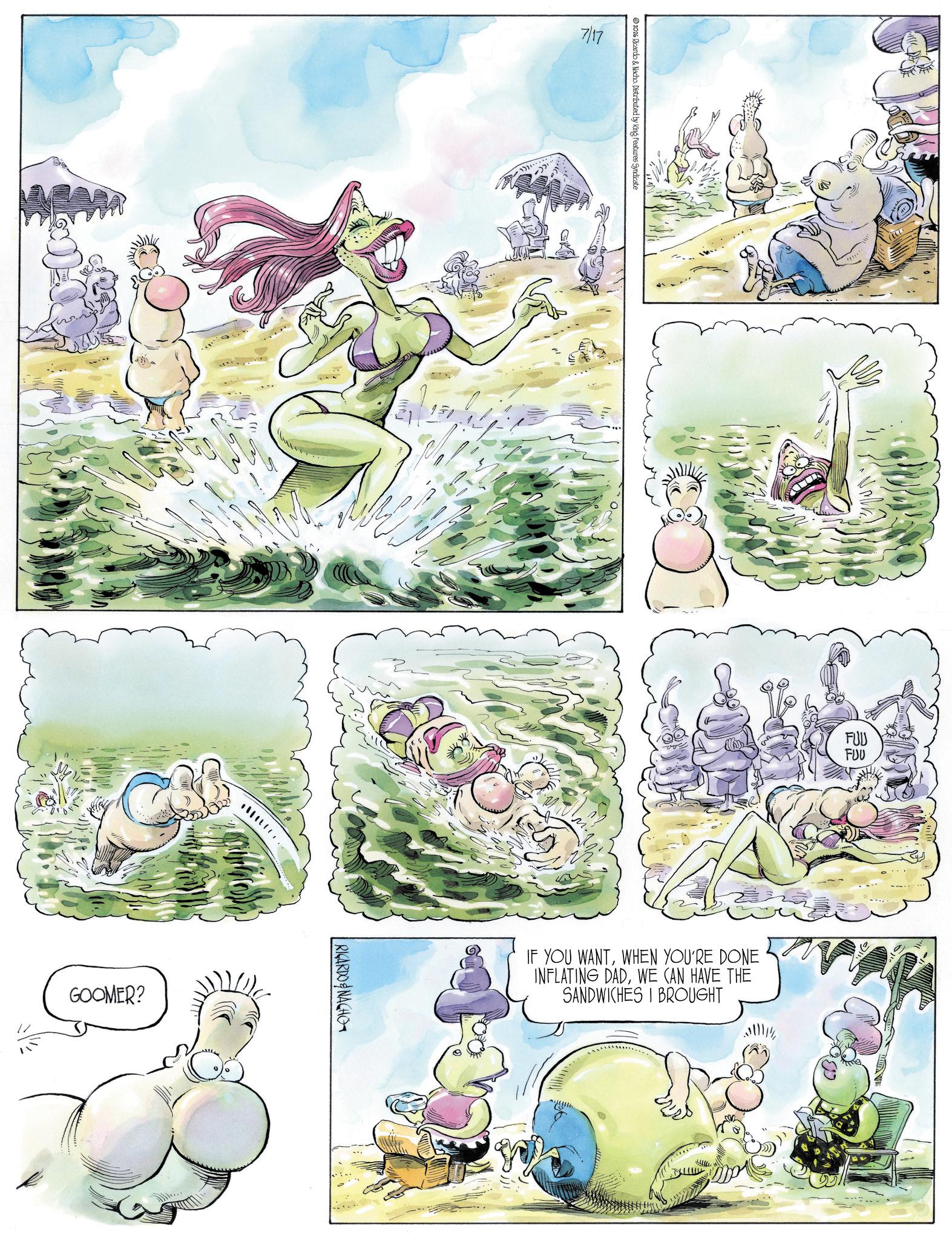 Animated cartoon OCR: 7/17 2026 Ricardo & Nacho. Distributed by King Features Syndicate GOOMER? RICARDO & NACHO FUU FUU IF YOU WANTWHEN YOU'RE DONE INFLATING DADWE CAN HAVE THE SANDWICHES I BROUGHT 7/17 2026 Ricardo & Nacho . Distributed by King Features Syndicate GOOMER ? RICARDO & NACHO FUU FUU IF YOU WANTWHEN YOU'RE DONE INFLATING DADWE CAN HAVE THE SANDWICHES I BROUGHT