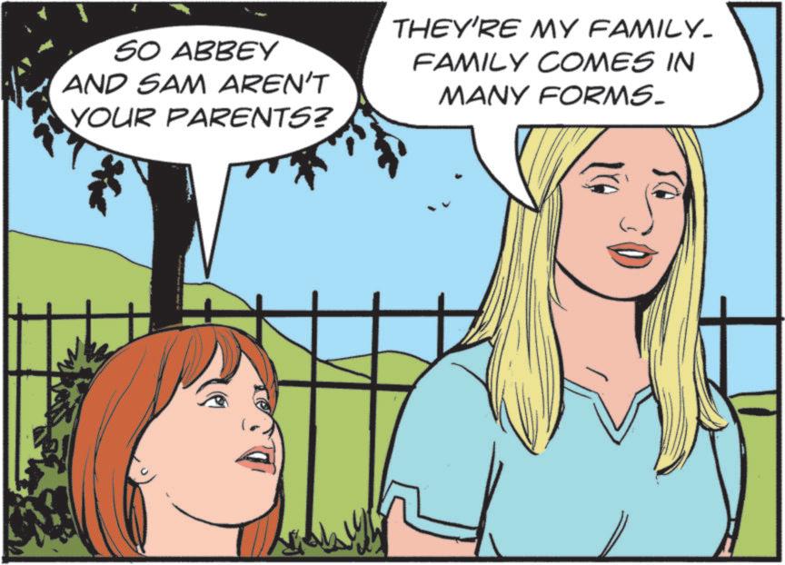 Animated cartoon OCR: SO ABBEY AND SAM AREN'T YOUR PARENTS? THEY'RE MY FAMILY. FAMILY COMES IN MANY FORMS. SO ABBEY AND SAM AREN'T YOUR PARENTS ? THEY'RE MY FAMILY . FAMILY COMES IN MANY FORMS .