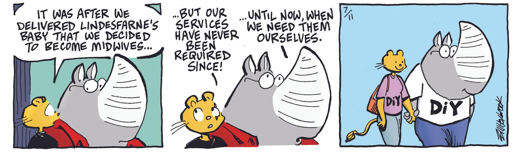 Comics OCR: IT WAS AFTER WE DELIVERED LINDESFARNE'S BABY THAT WE DECIDED TO BECOME MIDWIVES... ... BUT OUR SERVICES HAVE NEVER BEEN REQUIRED SINCE! ... UNTIL NOWWHEN WE NEED THEM OURSELVES. DIY IT WAS AFTER WE DELIVERED LINDESFARNE'S BABY THAT WE DECIDED TO BECOME MIDWIVES ... ... BUT OUR SERVICES HAVE NEVER BEEN REQUIRED SINCE ! ... UNTIL NOWWHEN WE NEED THEM OURSELVES . DIY