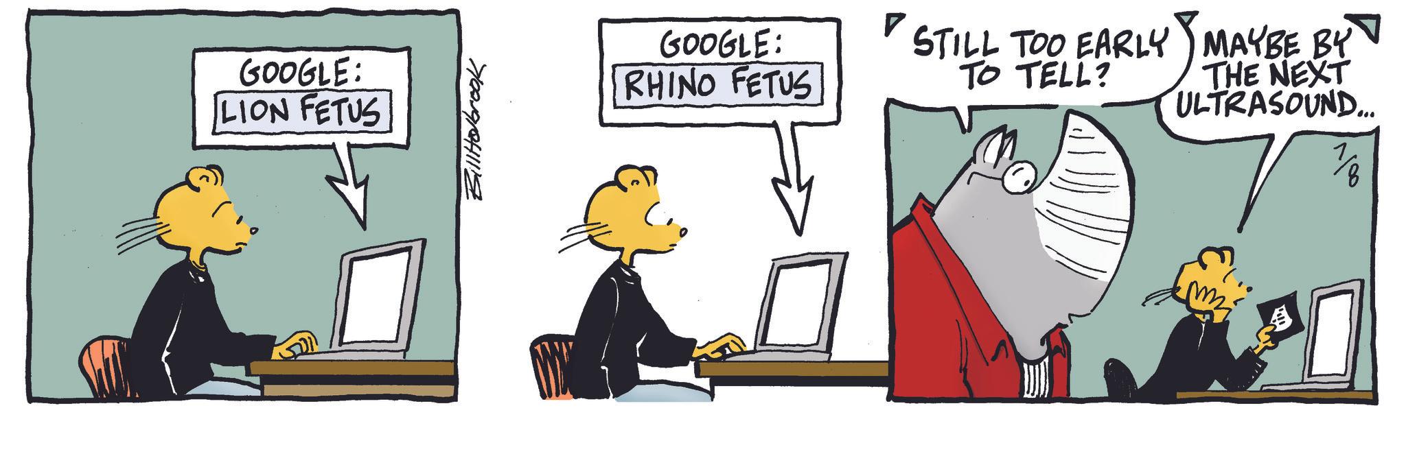 Graphics OCR: GOOGLE: LION FETUS BillHolbrook GOOGLE: RHINO FETUS ? STILL STILL TOO EARLY TO TELL? MAYBE BY ??? THE NEXT ULTRASOUND... 7 %% GOOGLE : LION FETUS BillHolbrook GOOGLE : RHINO FETUS ? STILL STILL TOO EARLY TO TELL ? MAYBE BY ??? THE NEXT ULTRASOUND ... 7 %%