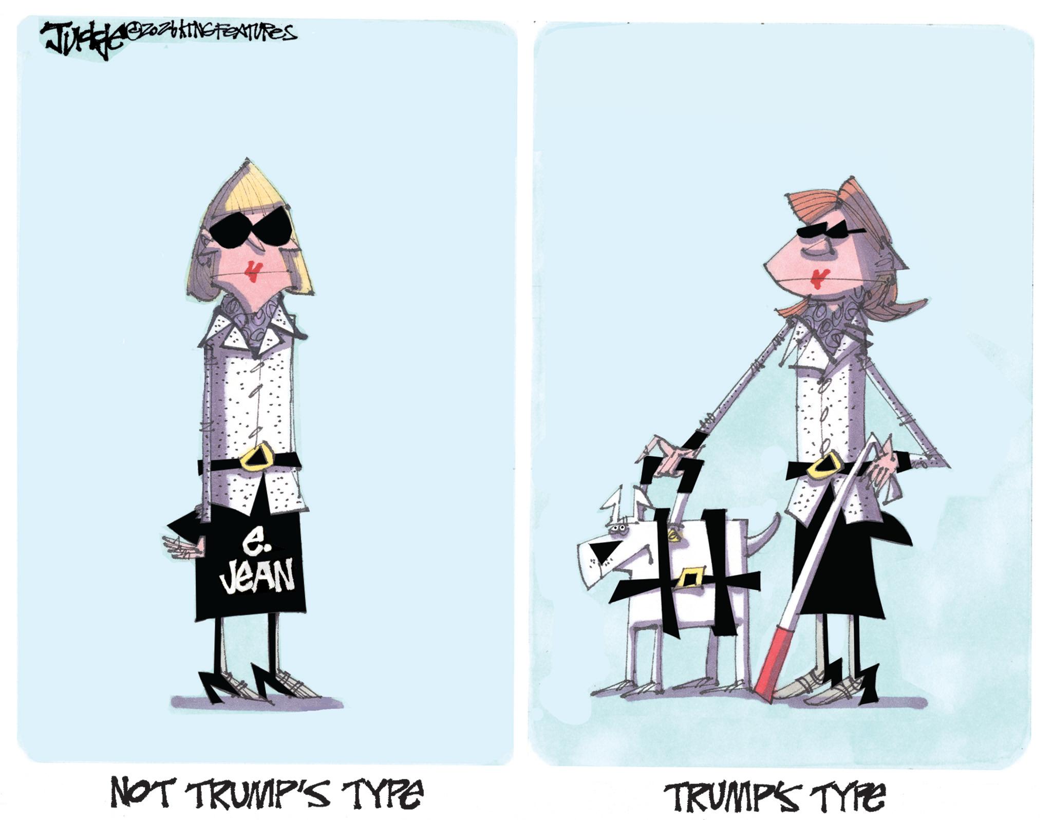 Animated cartoon OCR: JUCHE ZOZKING FEATURES e. JEAN NOT TRUMP'S TYPE TRUMP'S TYPE JUCHE ZOZKING FEATURES e . JEAN NOT TRUMP'S TYPE TRUMP'S TYPE