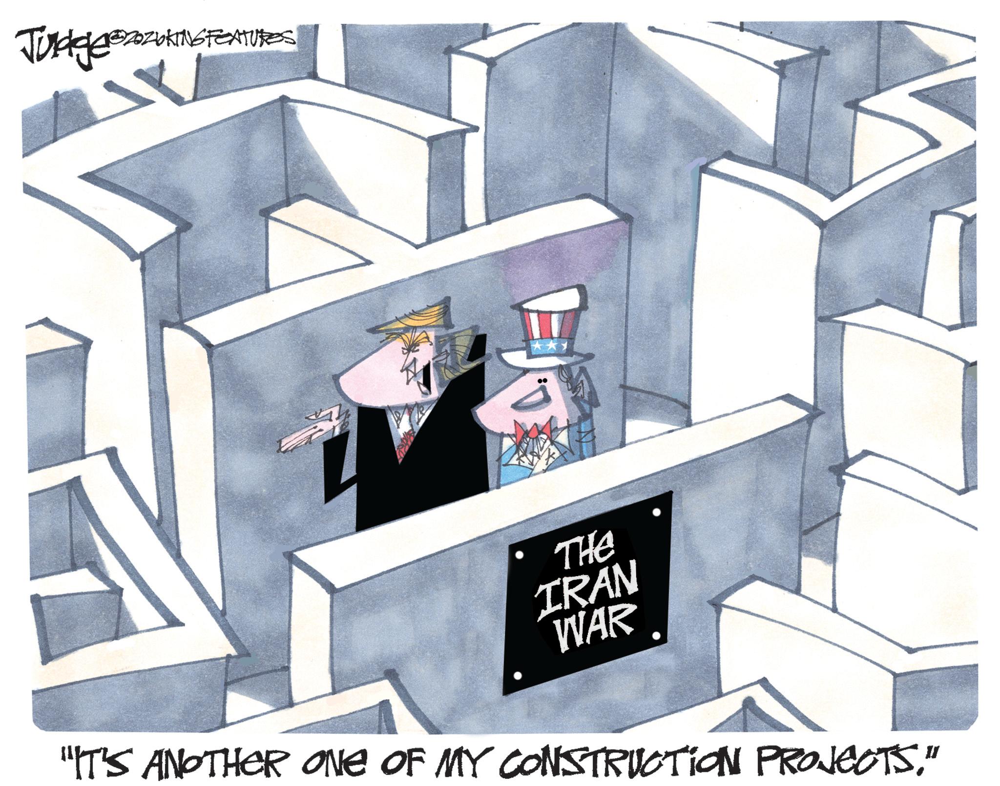 Graphic design OCR: Judge SZOKING FEATURES W THE IRAN WAR "IT'S ANOTHER ONE OF MY CONSTRUCTION PROJECTS" Judge SZOKING FEATURES W THE IRAN WAR " IT'S ANOTHER ONE OF MY CONSTRUCTION PROJECTS