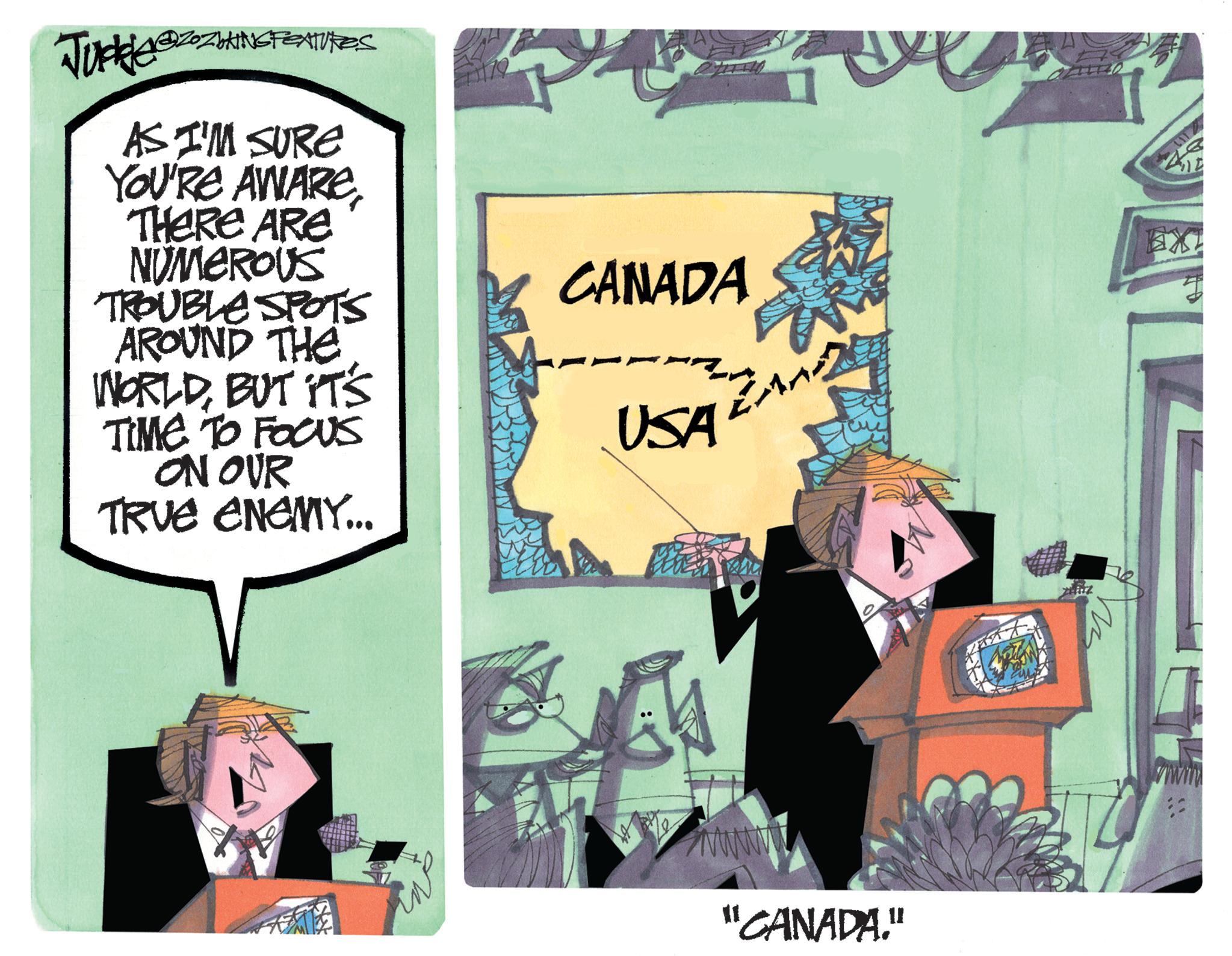 Graphic design OCR: Juckle @ZOZOKING FEATURES AS I'M SURE YOU'RE AWARE THERE ARE NUMEROUS TROUBLE SPOTS AROUND THE WORLDBUT IT'S TIME TO FOCUS ON OUR TRUE ENEMY... CANADA USA "CANADA." E Juckle @ZOZOKING FEATURES AS I'M SURE YOU'RE AWARE THERE ARE NUMEROUS TROUBLE SPOTS AROUND THE WORLDBUT IT'S TIME TO FOCUS ON OUR TRUE ENEMY ... CANADA USA " CANADA . " E