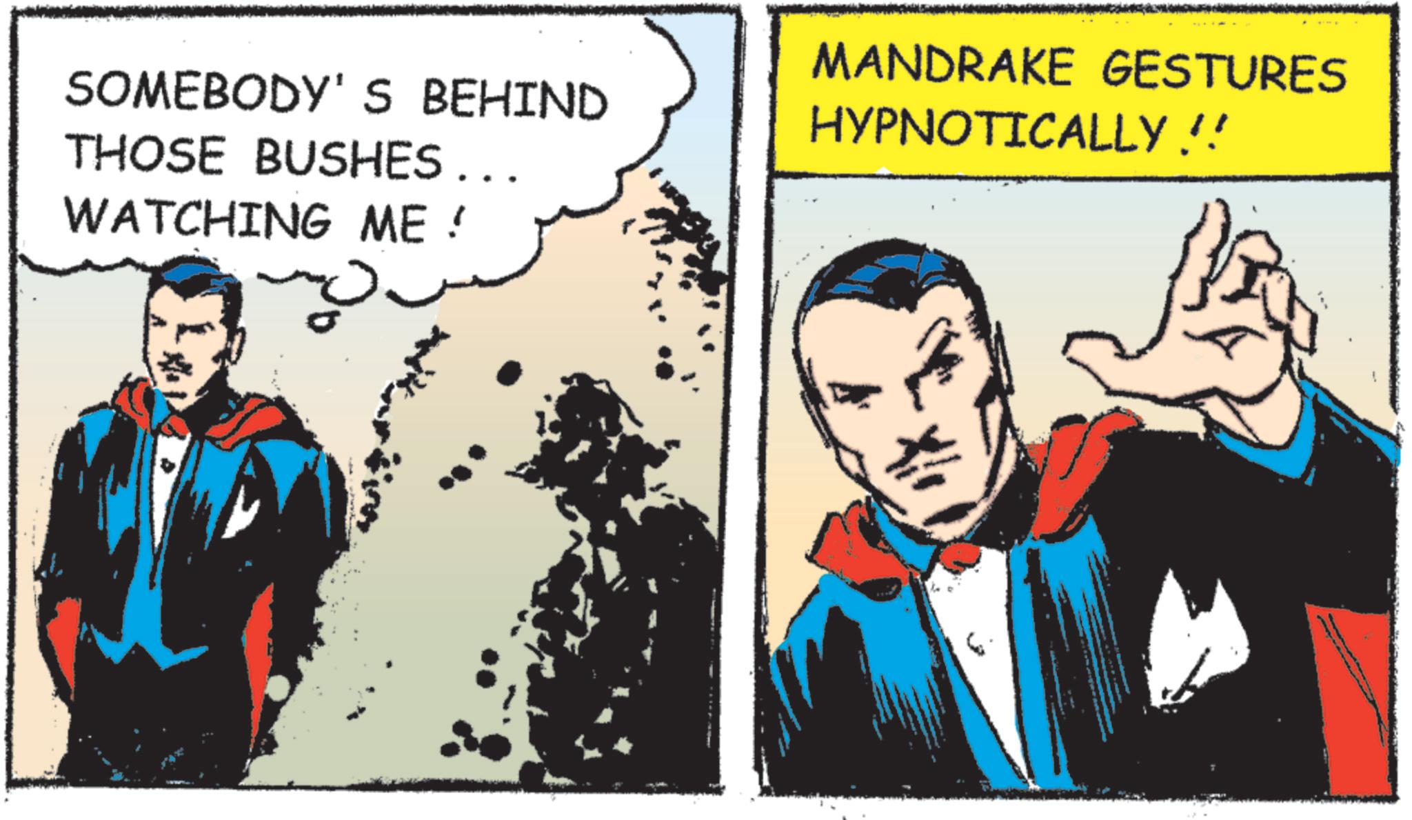 Animated cartoon OCR: SOMEBODY'S BEHIND THOSE BUSHES ... WATCHING ME ! MANDRAKE GESTURES HYPNOTICALLY !! ?? SOMEBODY'S BEHIND THOSE BUSHES ... WATCHING ME ! MANDRAKE GESTURES HYPNOTICALLY !! ??