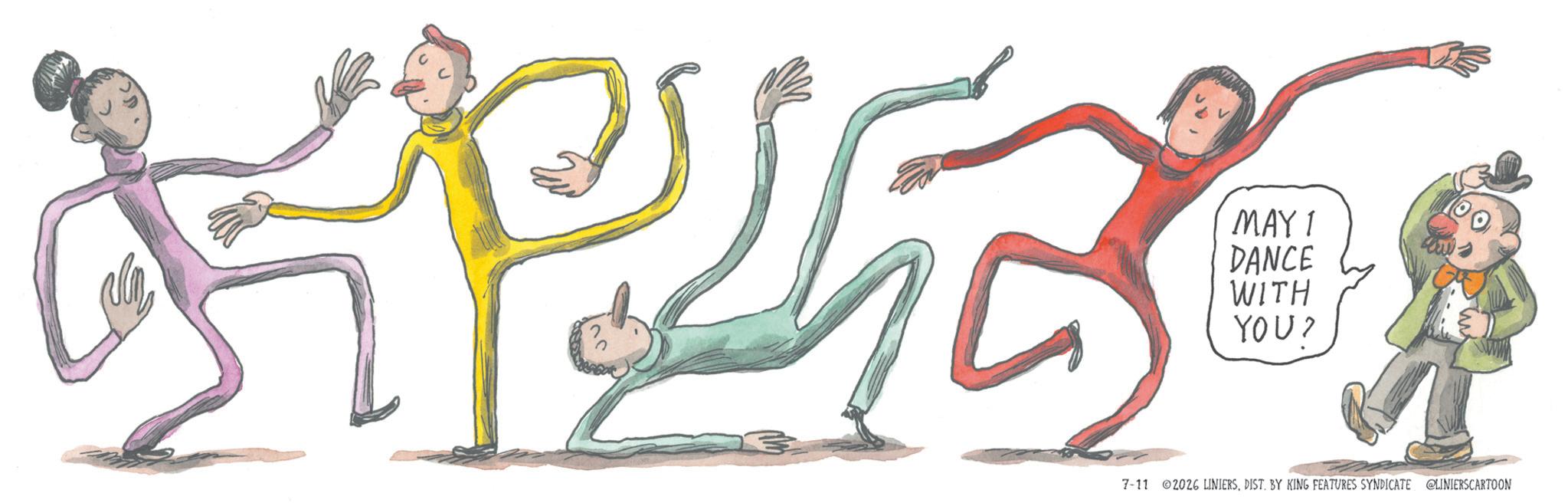 Animated cartoon OCR: MAYI DANCE WITH YOU 2 7-11 2026 LINIERSDIST. BY KING FEATURES SYNDICATE @LINIERSCARTOON MAYI DANCE WITH YOU 2 7-11 2026 LINIERSDIST . BY KING FEATURES SYNDICATE @LINIERSCARTOON