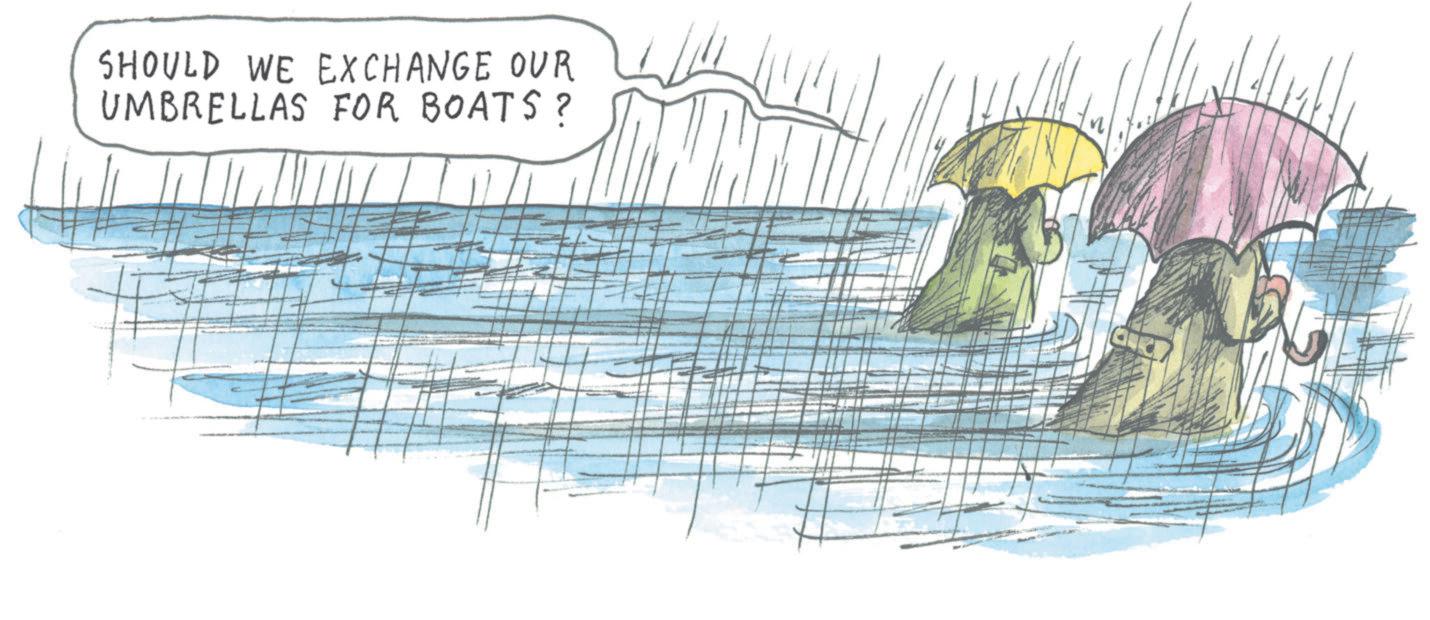 Animated cartoon OCR: SHOULD WE EXCHANGE OUR UMBRELLAS FOR BOATS? SHOULD WE EXCHANGE OUR UMBRELLAS FOR BOATS ?