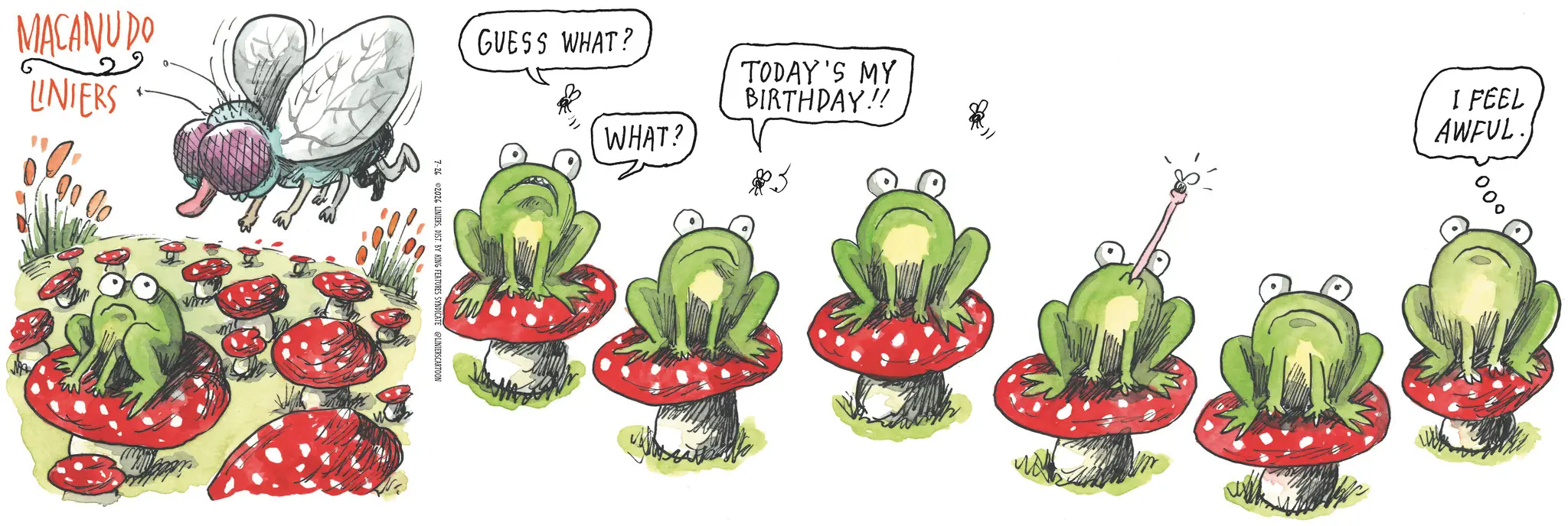 Arthropod OCR: MACANUDO UNIERS 7-26 2026 LINIERSDIST. BY KING FEATURES SYNDICATE @LINIERSCARTOON GUESS WHAT? WHAT? TODAY'S MY BIRTHDAY!! I FEEL AWFUL 000 MACANUDO UNIERS 7-26 2026 LINIERSDIST . BY KING FEATURES SYNDICATE @LINIERSCARTOON GUESS WHAT ? WHAT ? TODAY'S MY BIRTHDAY !! I FEEL AWFUL 000