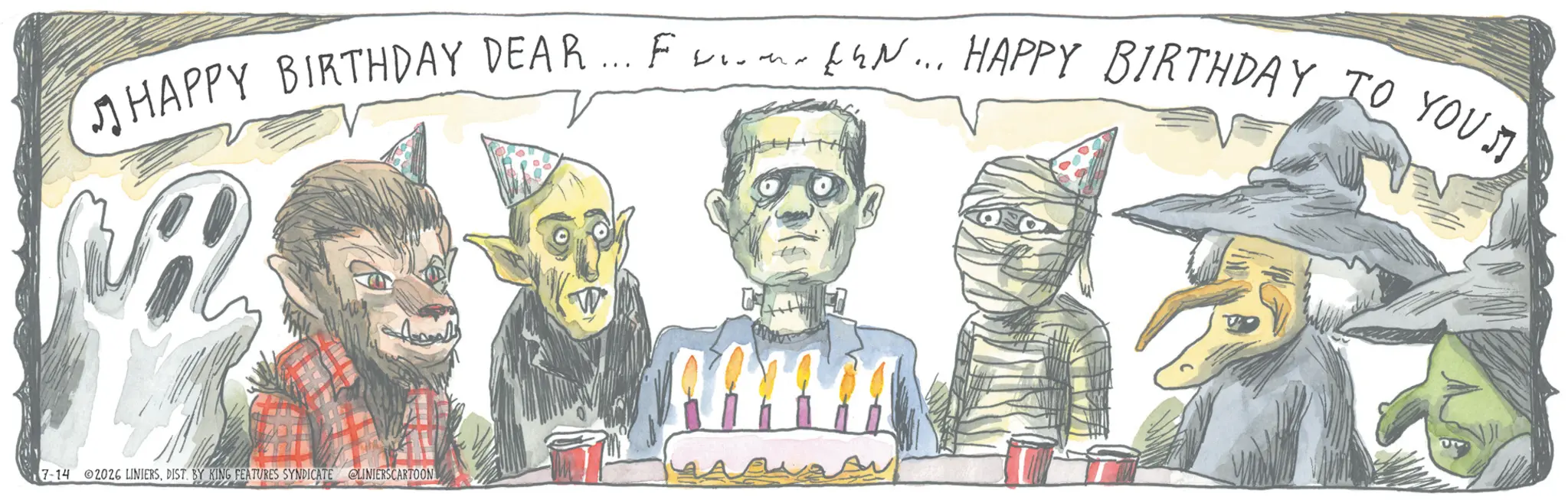 Handwriting OCR: (HAPPY BIRTHDAY DEAR... F .-N... HAPPY BIRTHDAY TO YOU 7-14 02026 LINIERSDIST. BY KING FEATURES SYNDICATE @LINIERSCARTOON ( HAPPY BIRTHDAY DEAR ... F . - N ... HAPPY BIRTHDAY TO YOU 7-14 02026 LINIERSDIST . BY KING FEATURES SYNDICATE @LINIERSCARTOON