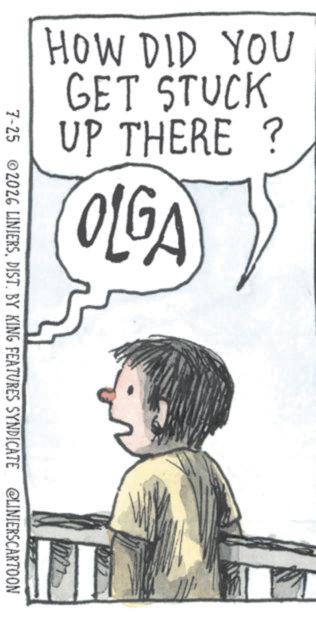 Child OCR: HOW DID YOU GET STUCK UP THERE ? OLGA 7-25 2026 LINIERSDIST. BY KING FEATURES SYNDICATE @LINIERSCARTOON HOW DID YOU GET STUCK UP THERE ? OLGA 7-25 2026 LINIERSDIST . BY KING FEATURES SYNDICATE @LINIERSCARTOON