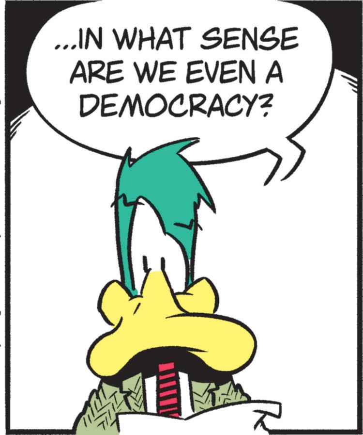 Fictional character OCR: ...IN WHAT SENSE ARE WE EVEN A DEMOCRACY? ... IN WHAT SENSE ARE WE EVEN A DEMOCRACY ?