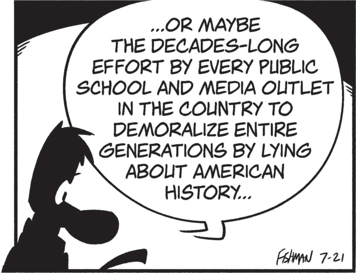 Photo caption OCR: ...OR MAYBE THE DECADES-LONG EFFORT BY EVERY PUBLIC SCHOOL AND MEDIA OUTLET IN THE COUNTRY TO DEMORALIZE ENTIRE GENERATIONS BY LYING ABOUT AMERICAN HISTORY... FISHMAN 7-21 ... OR MAYBE THE DECADES - LONG EFFORT BY EVERY PUBLIC SCHOOL AND MEDIA OUTLET IN THE COUNTRY TO DEMORALIZE ENTIRE GENERATIONS BY LYING ABOUT AMERICAN HISTORY ... FISHMAN 7-21