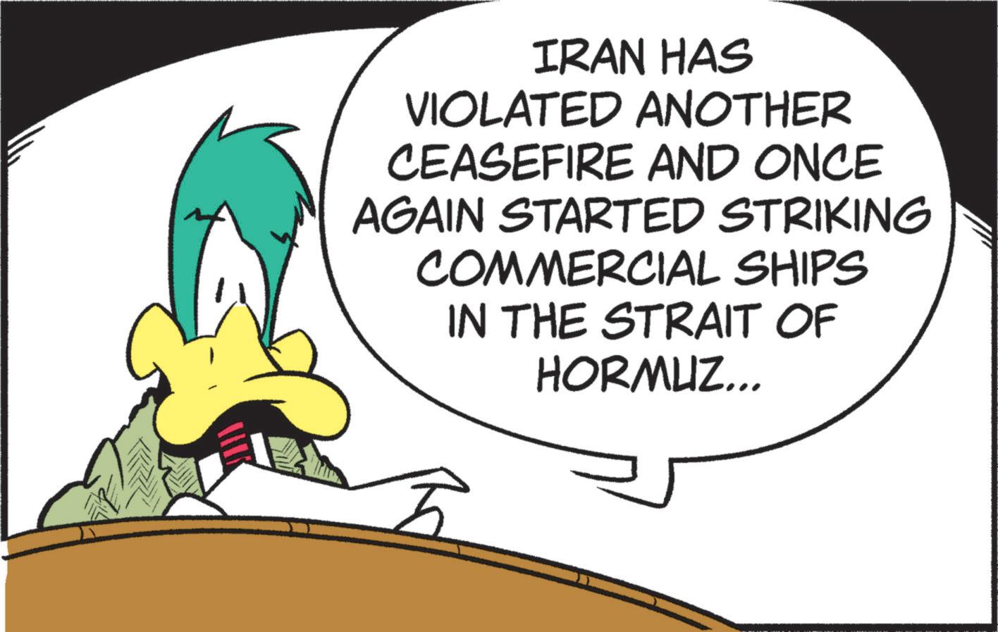 Fiction OCR: IRAN HAS VIOLATED ANOTHER CEASEFIRE AND ONCE AGAIN STARTED STRIKING COMMERCIAL SHIPS IN THE STRAIT OF HORMUZ... IRAN HAS VIOLATED ANOTHER CEASEFIRE AND ONCE AGAIN STARTED STRIKING COMMERCIAL SHIPS IN THE STRAIT OF HORMUZ ...