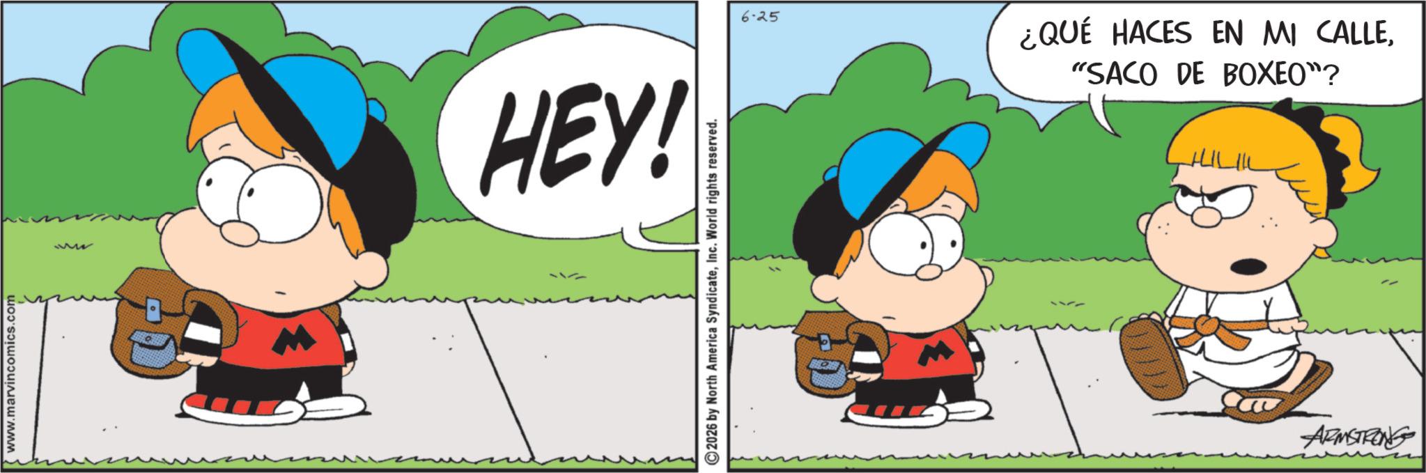 Comic book OCR: www.marvincomics.com 311 HEY! ©2026 by North America SyndicateInc. World rights reserved. 6-25 ¿QUÉ HACES EN MI CALLE"SACO DE BOXEO"? ARMSTRONG www.marvincomics.com 311 HEY ! © 2026 by North America SyndicateInc. World rights reserved . 6-25 ¿ QUÉ HACES EN MI CALLE" SACO DE BOXEO " ? ARMSTRONG