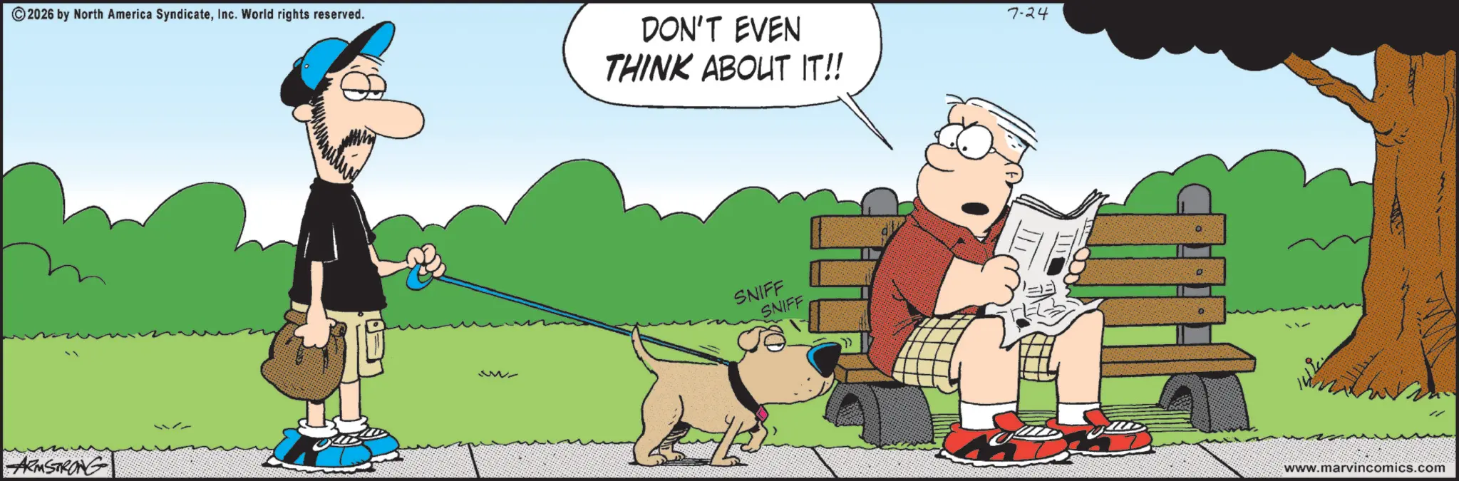 Canidae OCR: 2026 by North America SyndicateInc. World rights reserved. ARMSTRONG 8 DON'T EVEN THINK ABOUT IT!! SNIFF SNIFF 7-24 17 www.marvincomics.com 2026 by North America SyndicateInc. World rights reserved . ARMSTRONG 8 DON'T EVEN THINK ABOUT IT !! SNIFF SNIFF 7-24 17 www.marvincomics.com