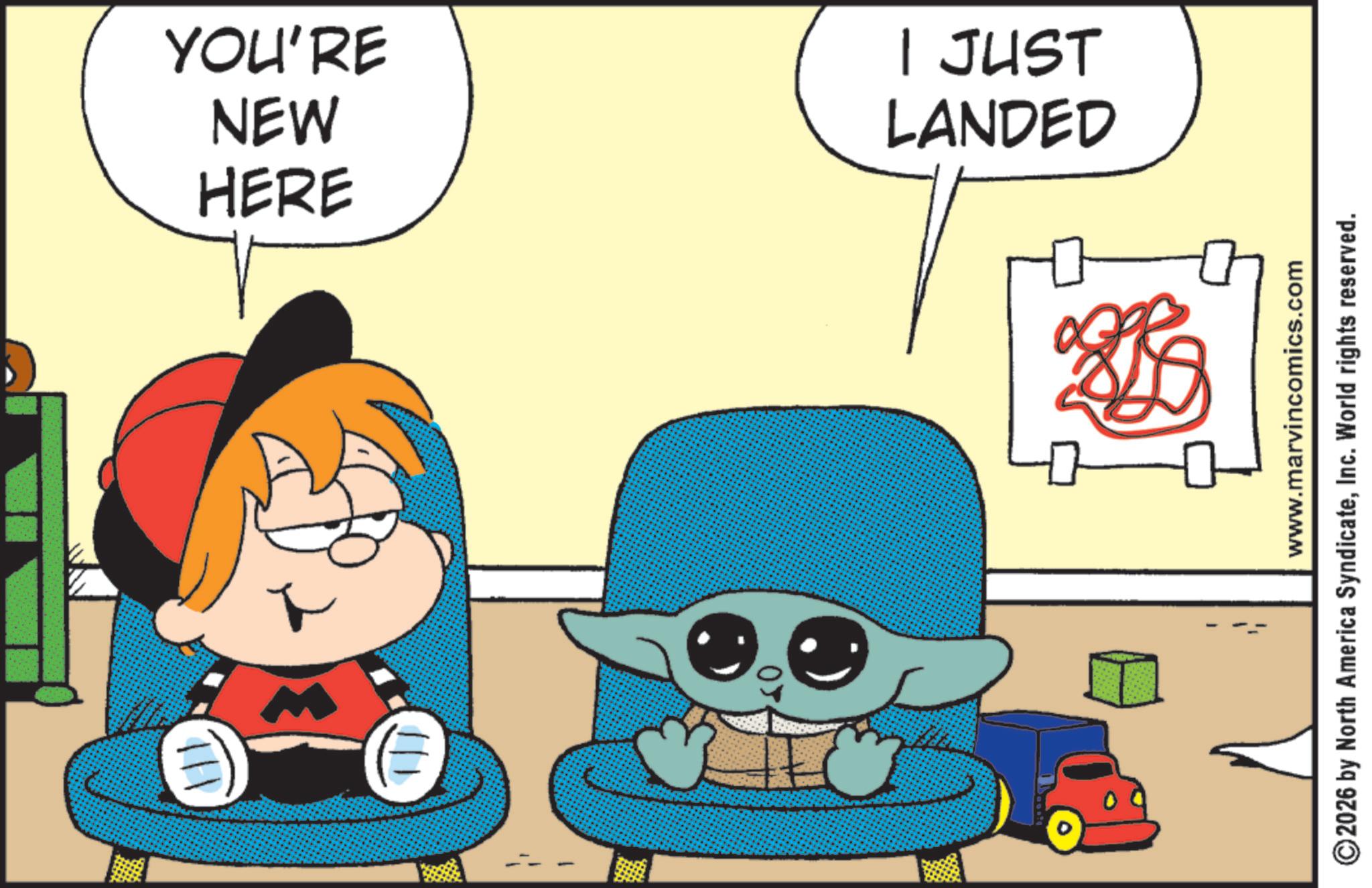 Graphics OCR: 111 HERE YOU'RE I JUST NEW LANDED www.marvincomics.com 2026 by North America SyndicateInc. World rights reserved. 111 HERE YOU'RE I JUST NEW LANDED www.marvincomics.com 2026 by North America SyndicateInc. World rights reserved .