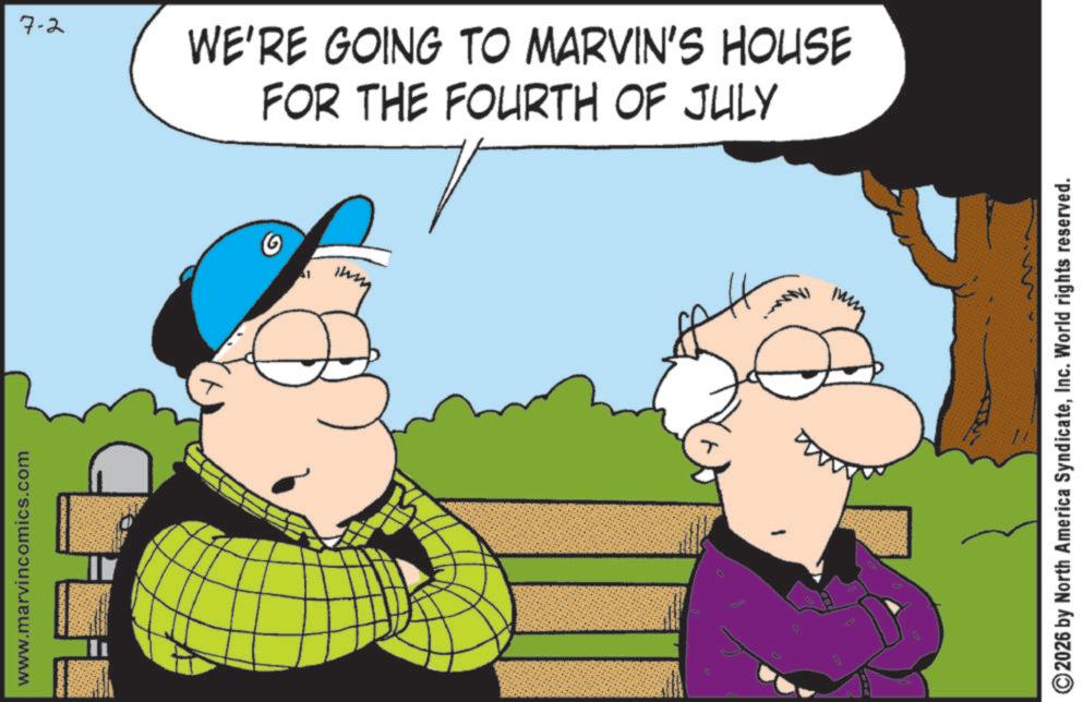 Photo caption OCR: www.marvincomics.com 7-2 WE'RE GOING TO MARVIN'S HOUSE FOR THE FOURTH OF JULY 11 / 2026 by North America SyndicateInc. World rights reserved. www.marvincomics.com 7-2 WE'RE GOING TO MARVIN'S HOUSE FOR THE FOURTH OF JULY 11 / 2026 by North America SyndicateInc. World rights reserved .