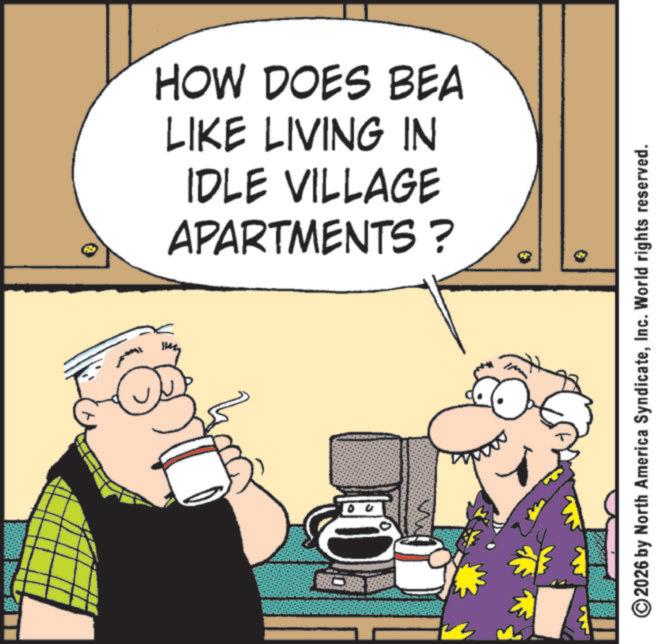 Photo caption OCR: 3 HOW DOES BEA LIKE LIVING IN IDLE VILLAGE APARTMENTS? ©2026 by North America SyndicateInc. World rights reserved. 3 HOW DOES BEA LIKE LIVING IN IDLE VILLAGE APARTMENTS ? © 2026 by North America SyndicateInc. World rights reserved .