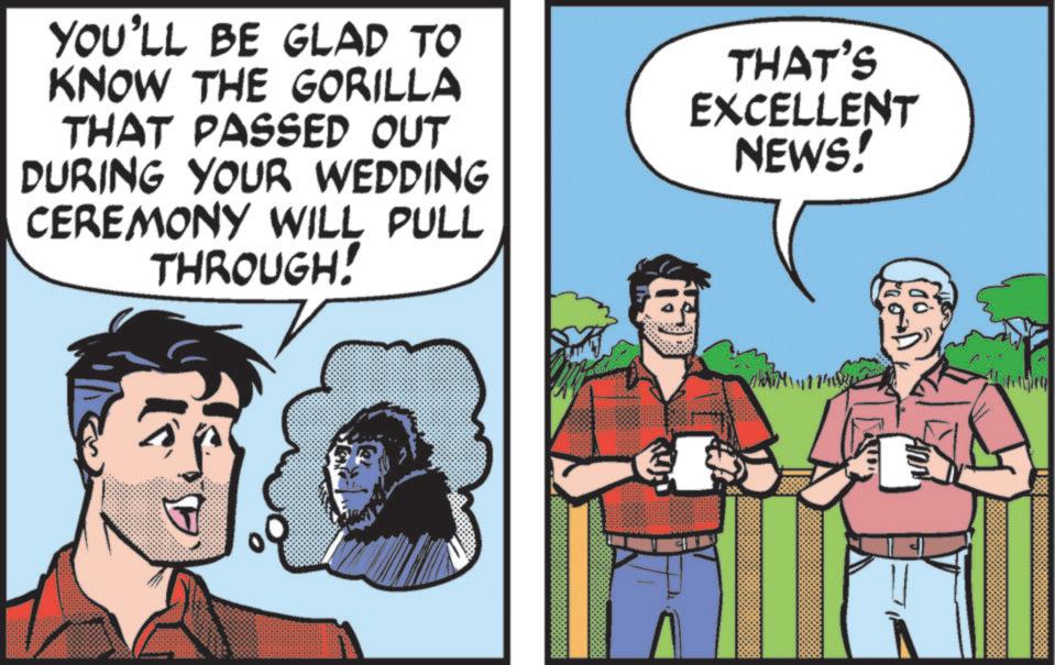 Hero OCR: YOU'LL BE GLAD TO KNOW THE GORILLA THAT PASSED OUT DURING YOUR WEDDING CEREMONY WILL PULL THROUGH! THAT'S EXCELLENT NEWS! YOU'LL BE GLAD TO KNOW THE GORILLA THAT PASSED OUT DURING YOUR WEDDING CEREMONY WILL PULL THROUGH ! THAT'S EXCELLENT NEWS !