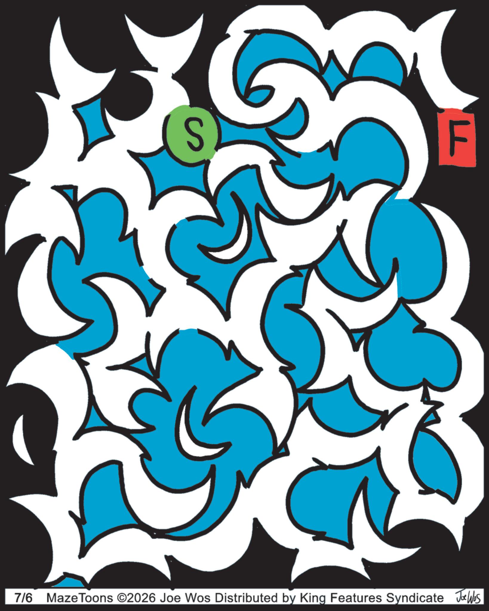 Graphic design OCR: S LL F 7/6 MazeToons ©2026 Joe Wos Distributed by King Features Syndicate Jo Was S LL F 7/6 MazeToons © 2026 Joe Wos Distributed by King Features Syndicate Jo Was