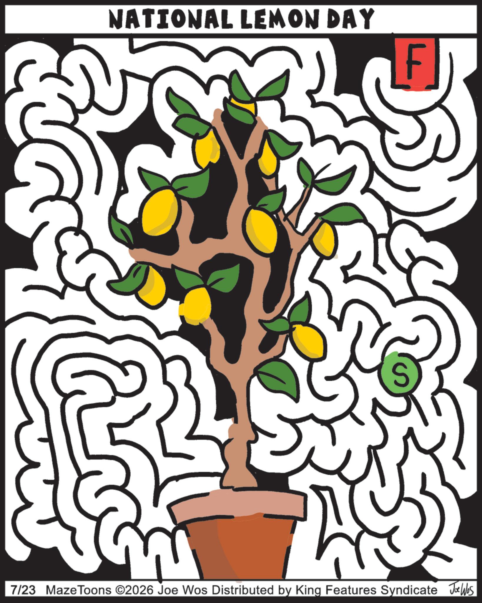 Graphic design OCR: NATIONAL LEMON DAY IF 7/23 Maze Toons ©2026 Joe Wos Distributed by King Features Syndicate Joe Was NATIONAL LEMON DAY IF 7/23 Maze Toons © 2026 Joe Wos Distributed by King Features Syndicate Joe Was