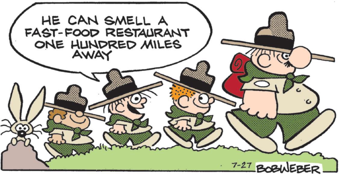Animation OCR: HE CAN SMELL A FAST-FOOD RESTAURANT ONE HUNDRED MILES AWAY 7-27 BOBWEBER HE CAN SMELL A FAST - FOOD RESTAURANT ONE HUNDRED MILES AWAY 7-27 BOBWEBER
