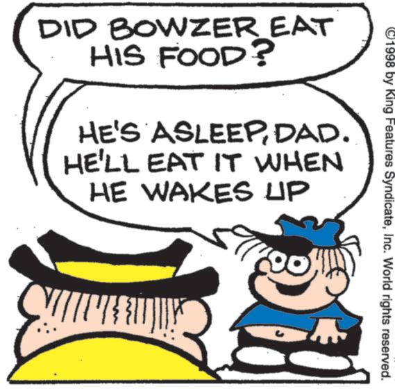 Animated cartoon OCR: 1998 by King Features SyndicateInc. World rights reserved. DID BOWZER EAT HIS FOOD? HE'S ASLEEPDAD. HE'LL EAT IT WHEN HE WAKES UP 00 1998 by King Features SyndicateInc. World rights reserved . DID BOWZER EAT HIS FOOD ? HE'S ASLEEPDAD . HE'LL EAT IT WHEN HE WAKES UP 00