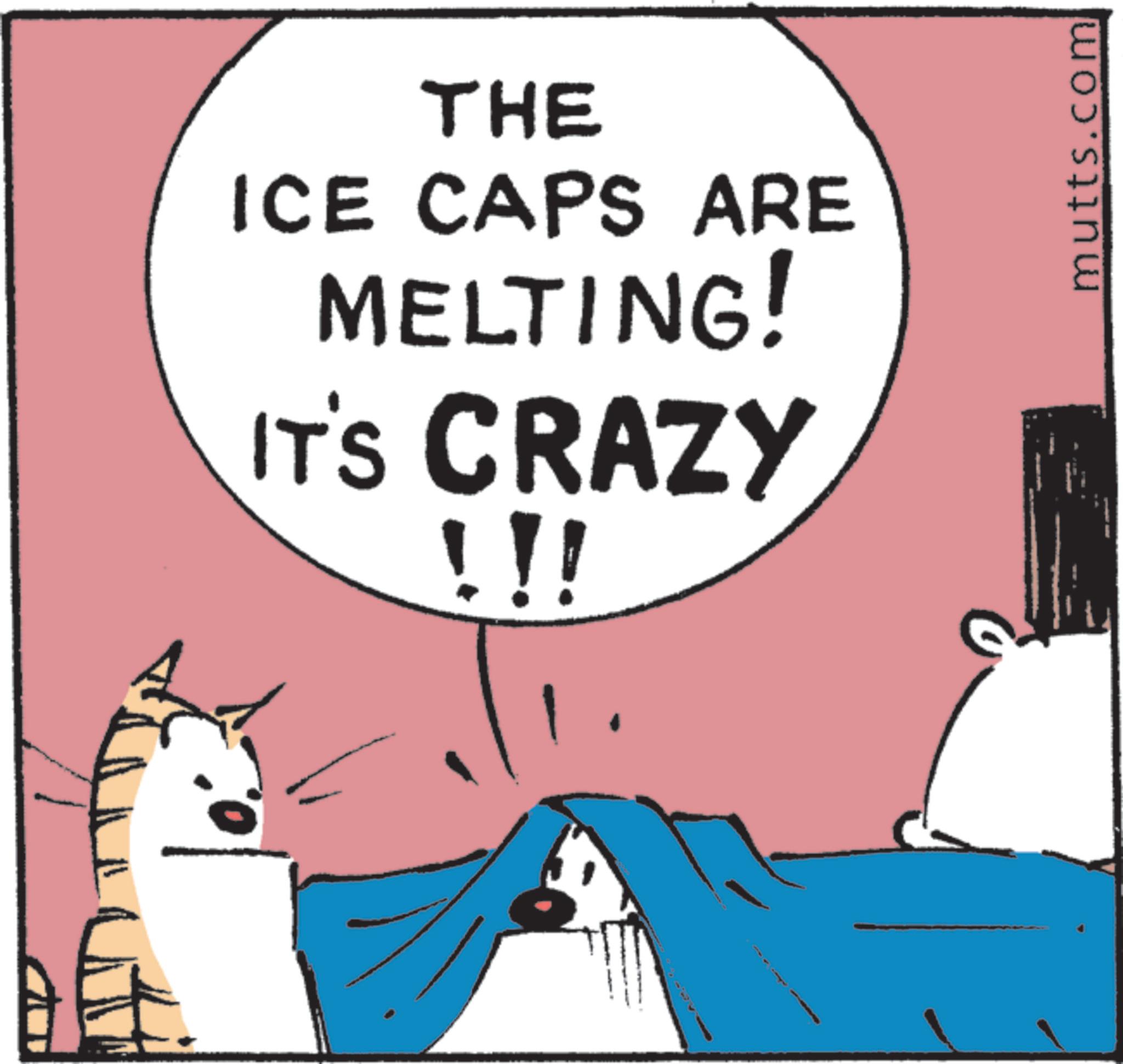 Animated cartoon OCR: THE ICE CAPS ARE MELTING! IT'S CRAZY !!! mutts.com THE ICE CAPS ARE MELTING ! IT'S CRAZY !!! mutts.com