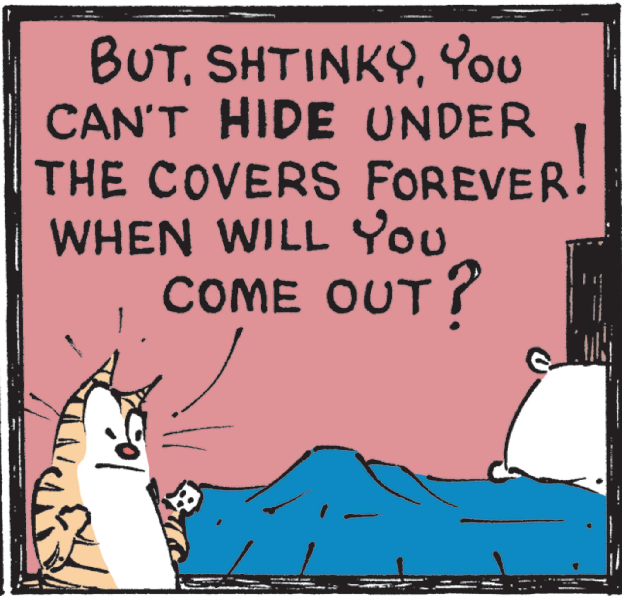 Photo caption OCR: BUTYou CAN'T HIDE UNDER THE COVERS FOREVER! WHEN WILL YOU COME OUT? BUTYou CAN'T HIDE UNDER THE COVERS FOREVER ! WHEN WILL YOU COME OUT ?
