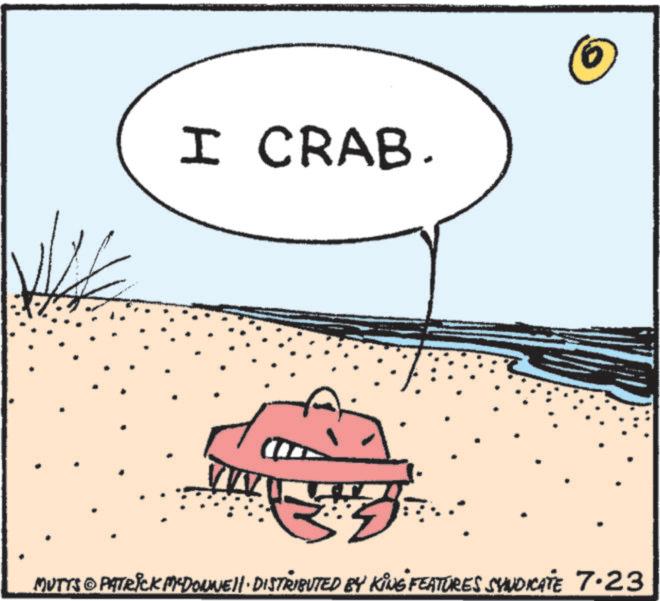 Graphics OCR: I CRAB. 0 MUTYS PATRICK MYDONNE DISTRIBUTED BY KING FEATURES SYNDICATE 7.23 I CRAB . 0 MUTYS PATRICK MYDONNE DISTRIBUTED BY KING FEATURES SYNDICATE 7.23