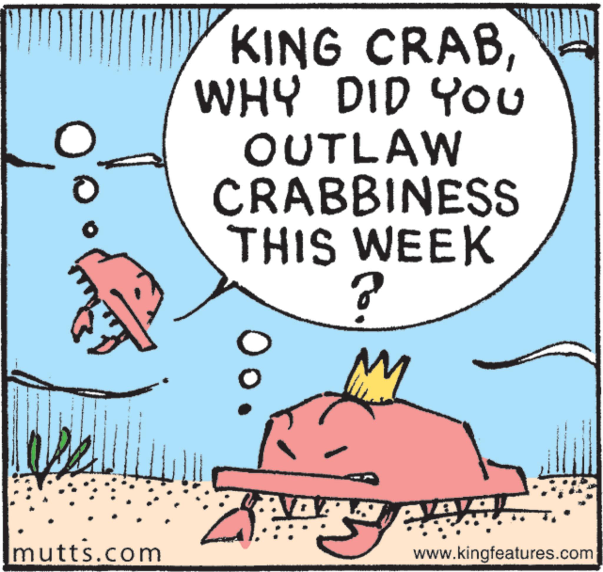 Text OCR: 0 KING CRABWHY DID YOU OUTLAW CRABBINESS THIS WEEK 00 M mutts.com www.kingfeatures.com 0 KING CRABWHY DID YOU OUTLAW CRABBINESS THIS WEEK 00 M mutts.com www.kingfeatures.com