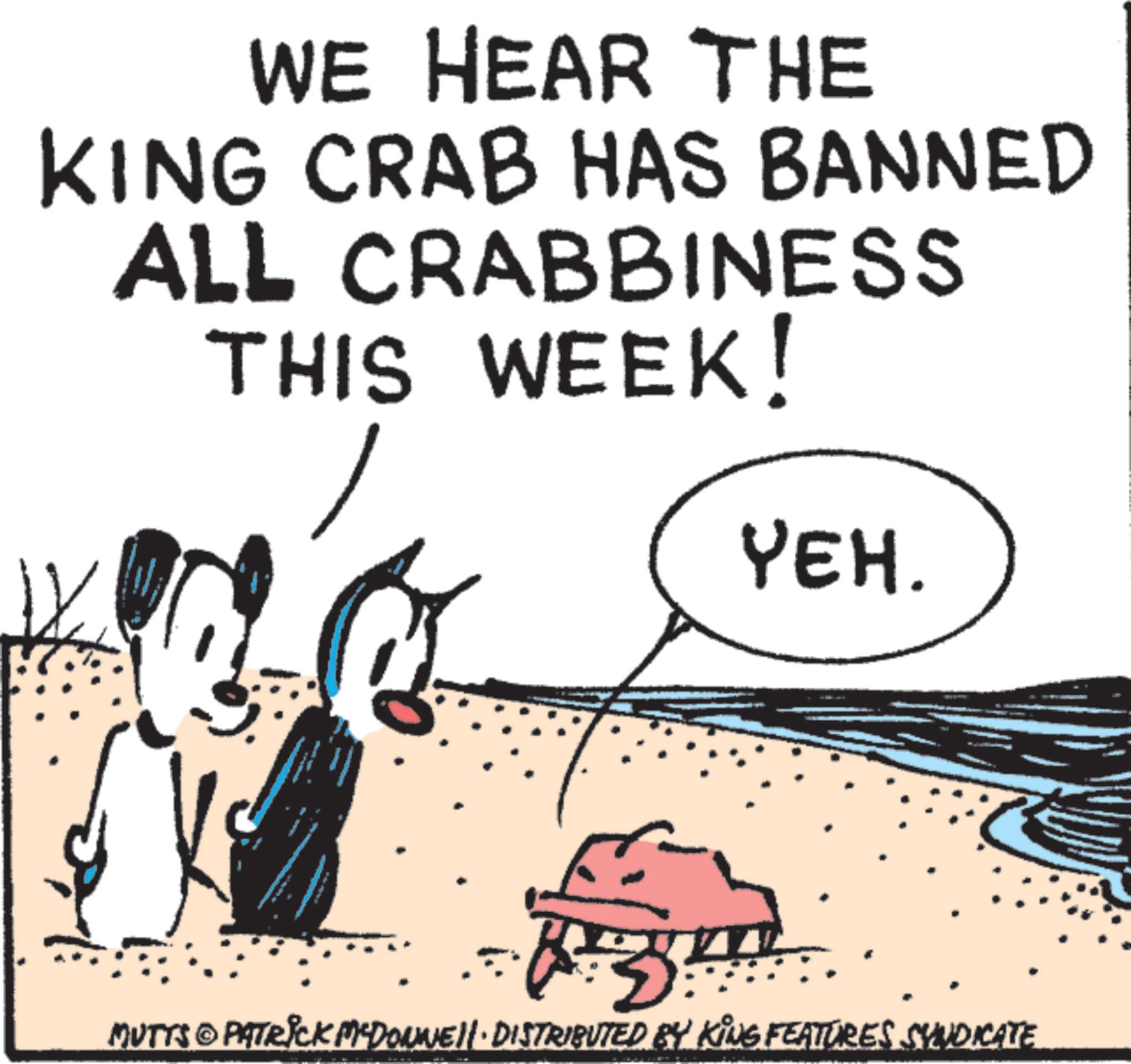 Fiction OCR: WE HEAR THE KING CRAB HAS BANNED ALL CRABBINESS THIS WEEK! W YEH. MUTTS © PATRICK MCDONNELL DISTRIBUTED BY KING FEATURES SYNDICATE WE HEAR THE KING CRAB HAS BANNED ALL CRABBINESS THIS WEEK ! W YEH . MUTTS © PATRICK MCDONNELL DISTRIBUTED BY KING FEATURES SYNDICATE