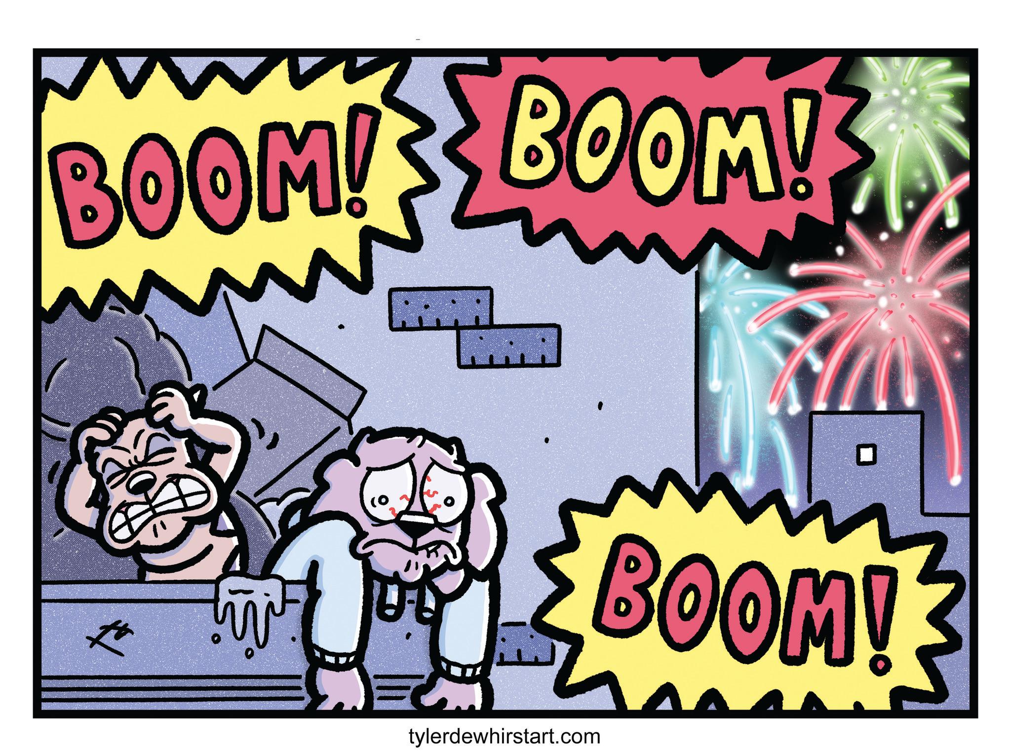 Graphic design OCR: BOOM! BOOM! ????? BOOM! tylerdewhirstart.com BOOM ! BOOM ! ????? BOOM ! tylerdewhirstart.com