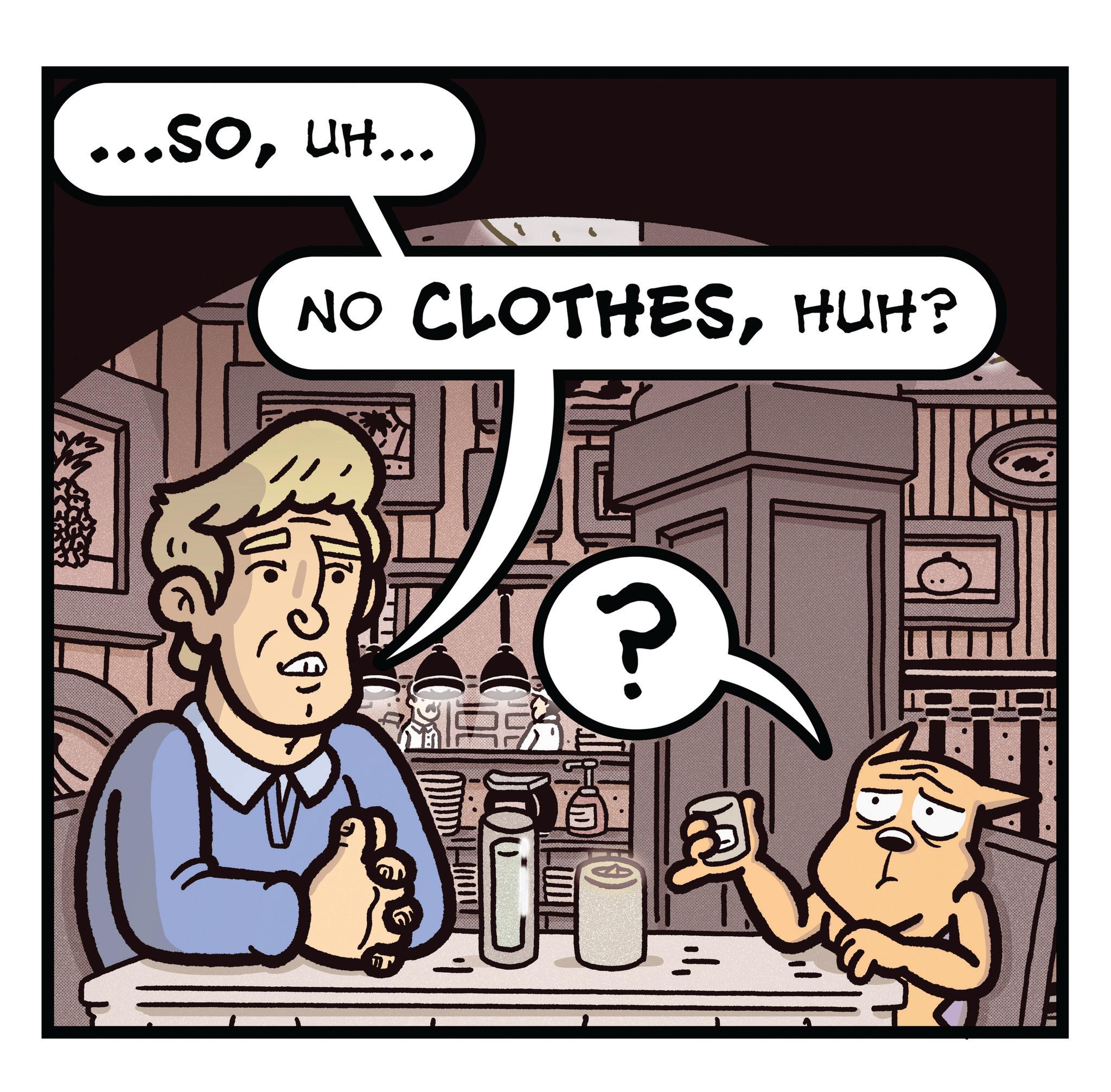 Animated cartoon OCR: ...SOUH... NO CLOTHESHUH? P % ... SOUH ... NO CLOTHESHUH ? P %