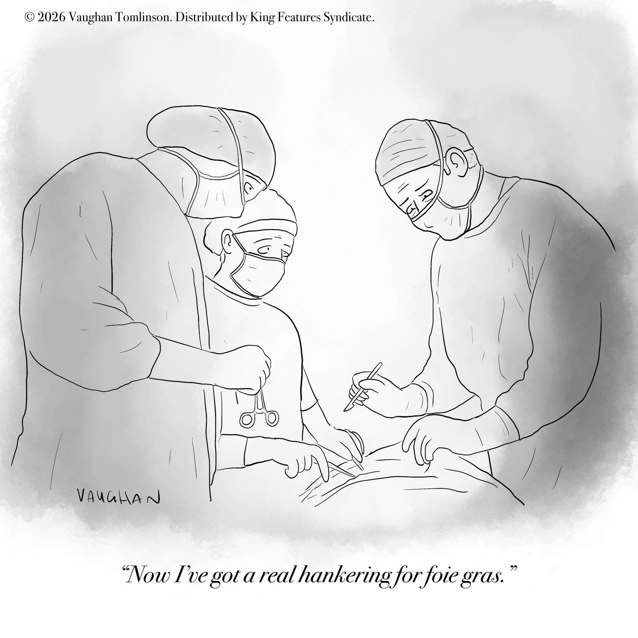Medical equipment OCR: © 2026 Vaughan Tomlinson. Distributed by King Features Syndicate. VAUGHAN A "Now I've got a real hankering for foie gras." © 2026 Vaughan Tomlinson . Distributed by King Features Syndicate . VAUGHAN A " Now I've got a real hankering for foie gras . "