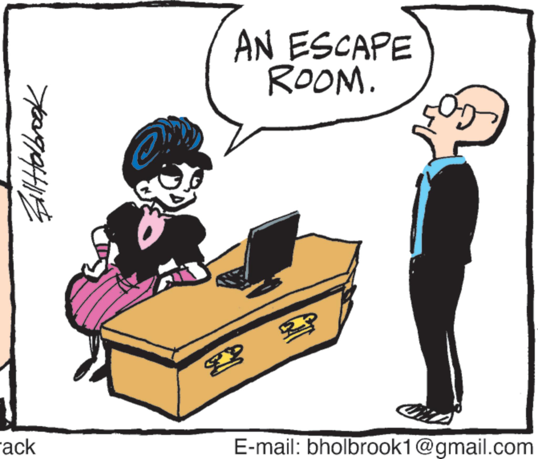 Computer desk OCR: AN ESCAPE ROOM. ack E-mail: bholbrook1@gmail.com AN ESCAPE ROOM . ack E - mail : bholbrook1@gmail.com