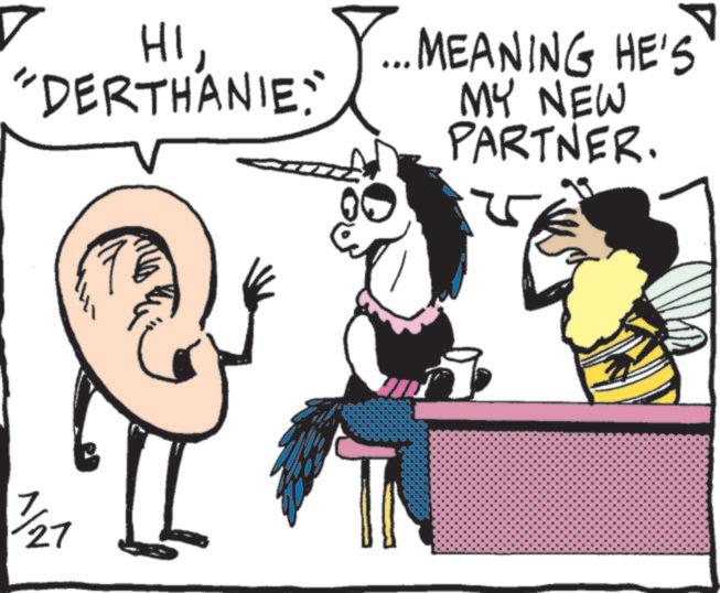Line art OCR: HI"DERTHANIE 7 ..MEANING HE'S MY NEW PARTNER. 1/21 27 HI" DERTHANIE 7 ..MEANING HE'S MY NEW PARTNER . 1/21 27