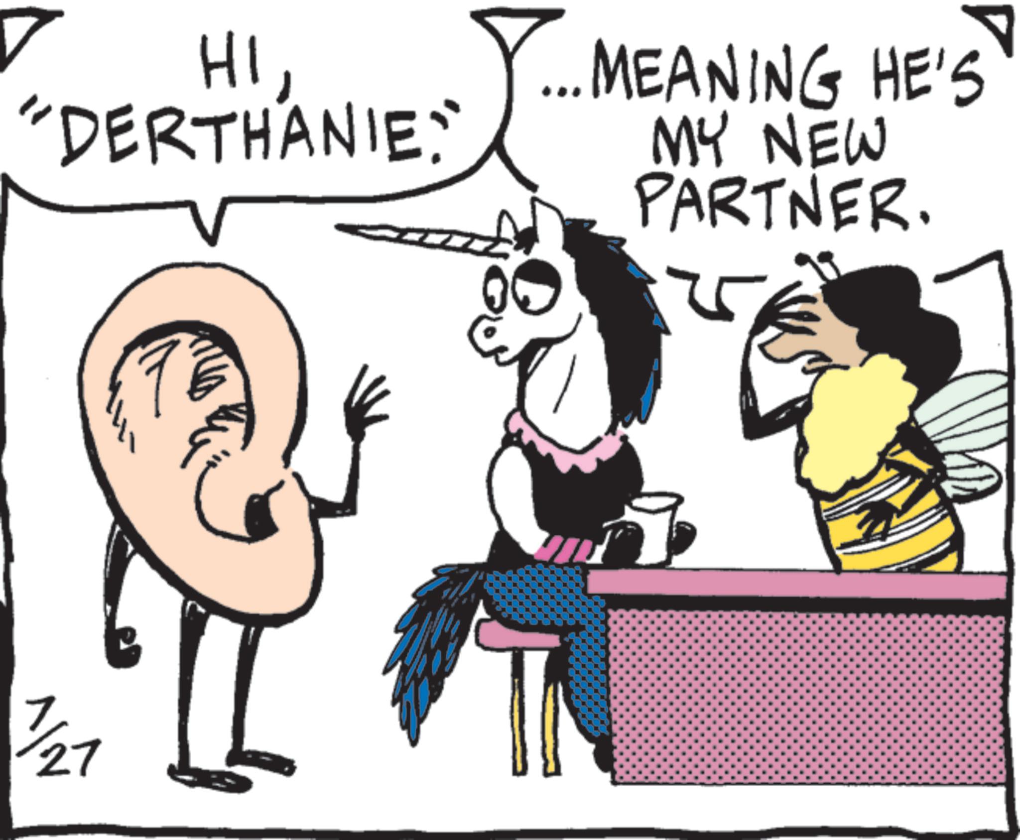 Line art OCR: HI"DERTHANIE 7 ..MEANING HE'S MY NEW PARTNER. 1/21 27 HI" DERTHANIE 7 ..MEANING HE'S MY NEW PARTNER . 1/21 27