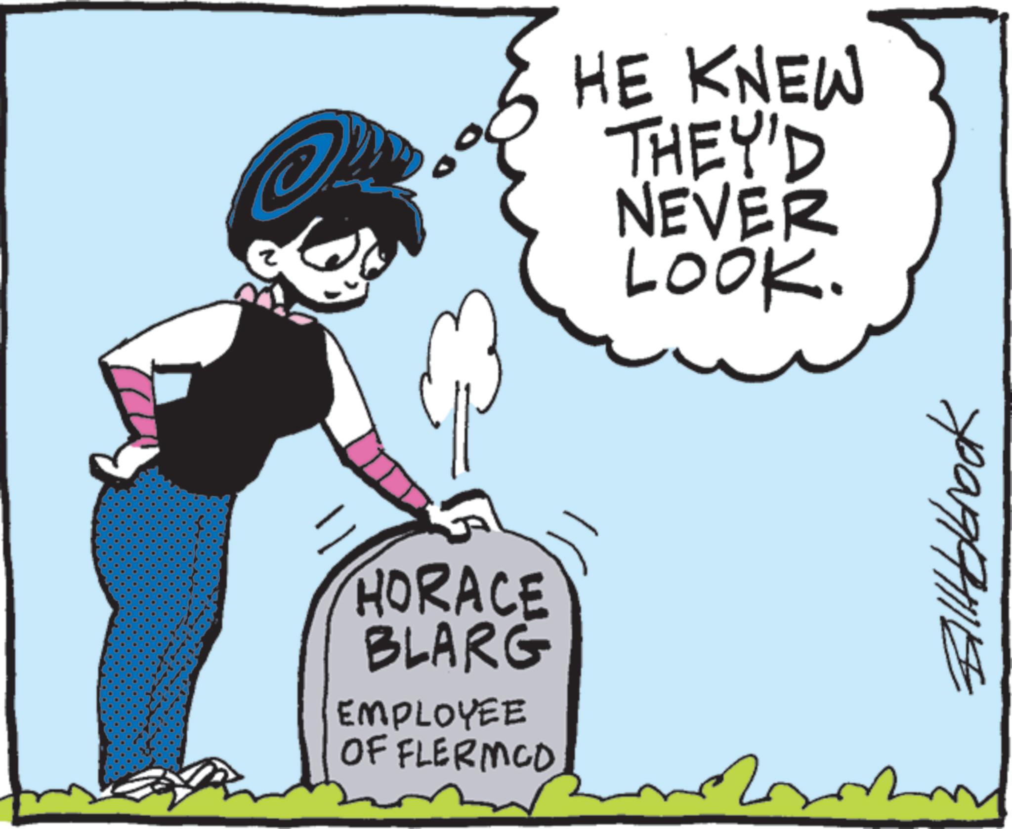 Line art OCR: HORACE BLARG EMPLOYEE OF FLERMCO HE KNEW THEY'D NEVER LOOK. Billabrook 2 2 m HORACE BLARG EMPLOYEE OF FLERMCO HE KNEW THEY'D NEVER LOOK . Billabrook 2 2 m