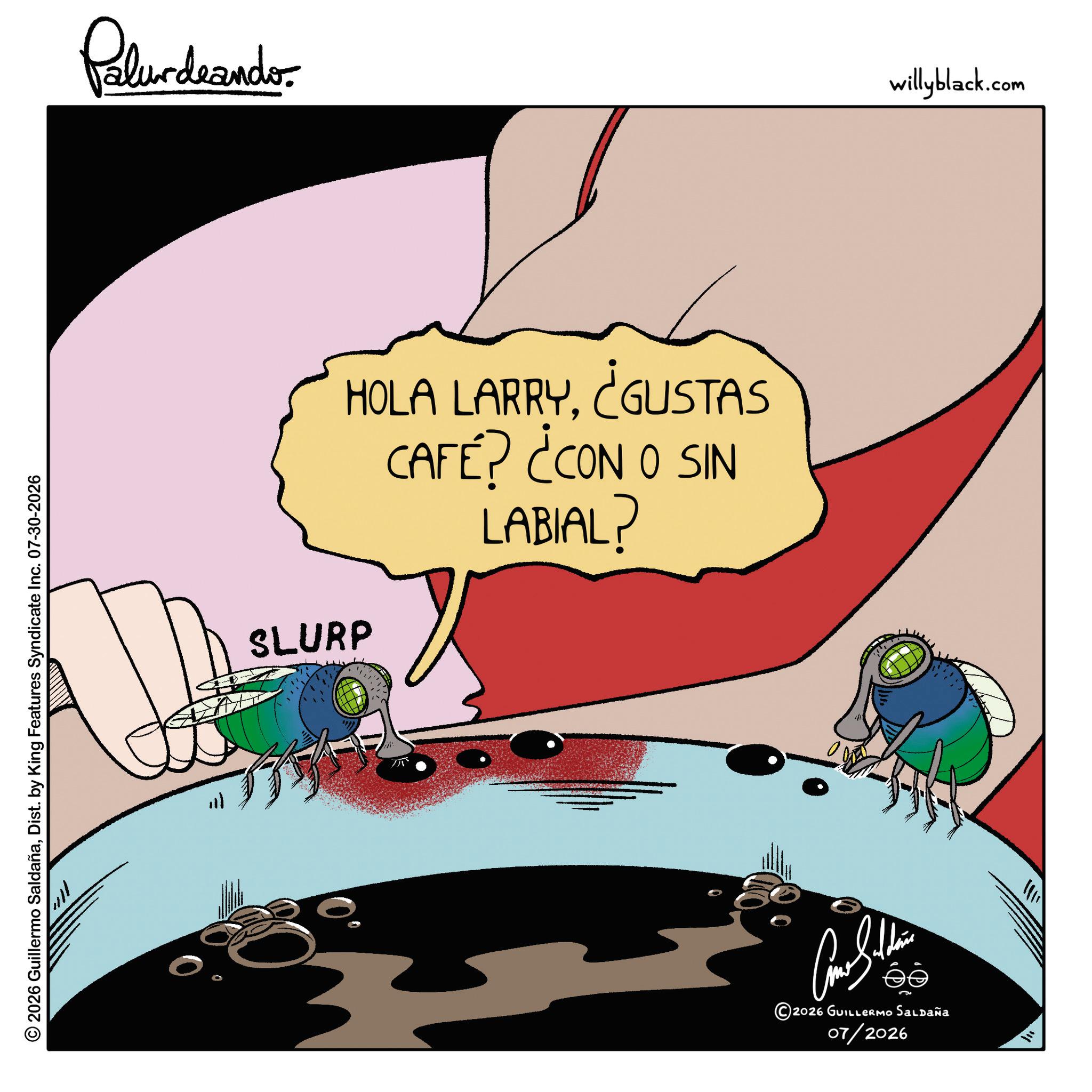 Graphic design OCR: © 2026 Guillermo SaldañaDist. by King Features Syndicate Inc. 07-30-2026 Palundaando HOLA LARRY¿GUSTAS CAFE? ¿CON O SIN LABIAL? SLURP willyblack.com éé 2026 GUILLERMO Saldaña 07/2026 ? © 2026 Guillermo SaldañaDist . by King Features Syndicate Inc. 07-30-2026 Palundaando HOLA LARRY¿ GUSTAS CAFE ? ¿ CON O SIN LABIAL ? SLURP willyblack.com éé 2026 GUILLERMO Saldaña 07/2026 ?