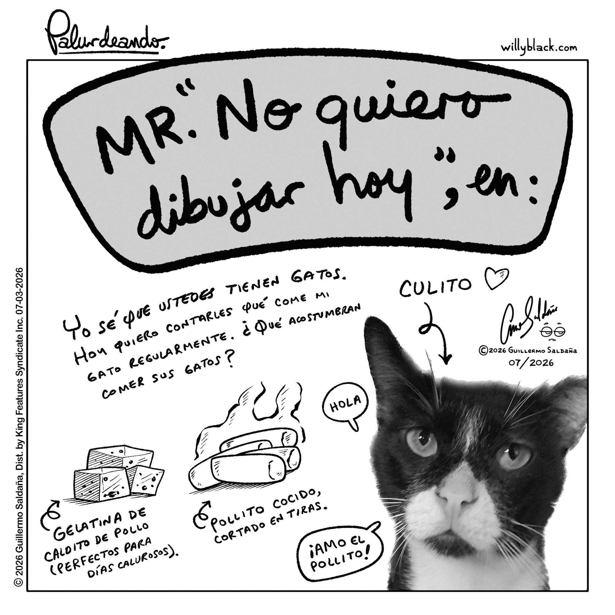 Line art OCR: Palurdeando MR. No quiero dibujar hoy". YO SÉ QUE USTEDES TIENEN GATOS. Hoy QUIERO CONTARLES QUE COME MI GATO REGULARMENTE. ¿QUÉ ACOSTUMBRAN COMER SUS GATOS? CULITO willyblack.com HOLA ?? © 2026 GUILLERMO SALDAÑa 07/2026 2026 Guillermo SaldañaDist. by King Features Syndicate Inc. 07-03-2026 E GELATINA DE CALDITO DE Pollo (PERFECTOS PARA DÍAS CALUROSOS). E ? POLLITO COCIDOCORTADO EN TIRAS. AMO EL POLLITO! Palurdeando MR . No quiero dibujar hoy " . YO SÉ QUE USTEDES TIENEN GATOS . Hoy QUIERO CONTARLES QUE COME MI GATO REGULARMENTE . ¿ QUÉ ACOSTUMBRAN COMER SUS GATOS ? CULITO willyblack.com HOLA ?? © 2026 GUILLERMO SALDAÑa 07/2026 2026 Guillermo SaldañaDist . by King Features Syndicate Inc. 07-03-2026 E GELATINA DE CALDITO DE Pollo ( PERFECTOS PARA DÍAS CALUROSOS ) . E ? POLLITO COCIDOCORTADO EN TIRAS . AMO EL POLLITO !