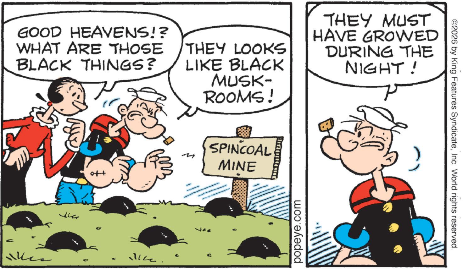 Animation OCR: GOOD HEAVENS!? WHAT ARE THOSE BLACK THINGS? THEY LOOKS LIKE BLACK THEY MUST HAVE GROWED DURING THE NIGHT! the MUSK- ROOMS! M SPINCOAL MINE popeye.com ? ©2026 by King Features SyndicateInc. World rights reserved. GOOD HEAVENS !? WHAT ARE THOSE BLACK THINGS ? THEY LOOKS LIKE BLACK THEY MUST HAVE GROWED DURING THE NIGHT ! the MUSK- ROOMS ! M SPINCOAL MINE popeye.com ? © 2026 by King Features SyndicateInc. World rights reserved .