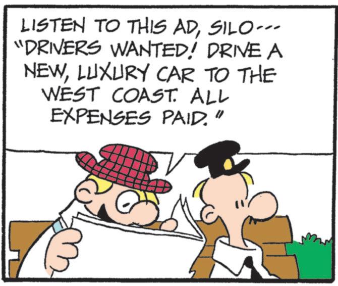 Photo caption OCR: LISTEN TO THIS ADSILO... "DRIVERS WANTED! DRIVE A NEWLUXURY CAR TO THE WEST COAST. ALL EXPENSES PAID. LISTEN TO THIS ADSILO ... " DRIVERS WANTED ! DRIVE A NEWLUXURY CAR TO THE WEST COAST . ALL EXPENSES PAID .