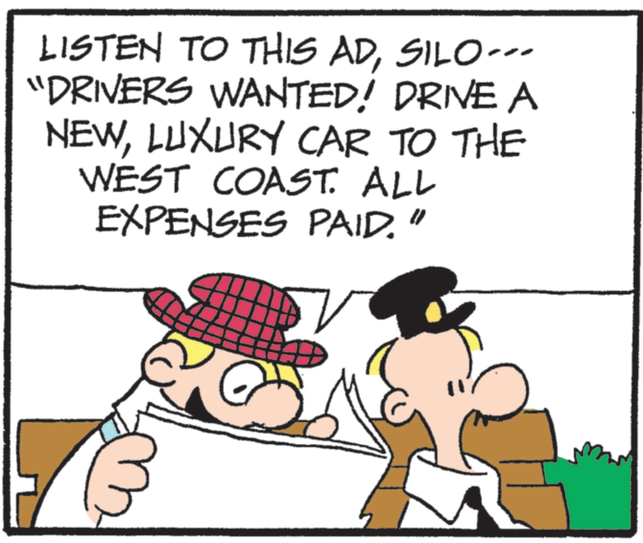 Photo caption OCR: LISTEN TO THIS ADSILO... "DRIVERS WANTED! DRIVE A NEWLUXURY CAR TO THE WEST COAST. ALL EXPENSES PAID. LISTEN TO THIS ADSILO ... " DRIVERS WANTED ! DRIVE A NEWLUXURY CAR TO THE WEST COAST . ALL EXPENSES PAID .