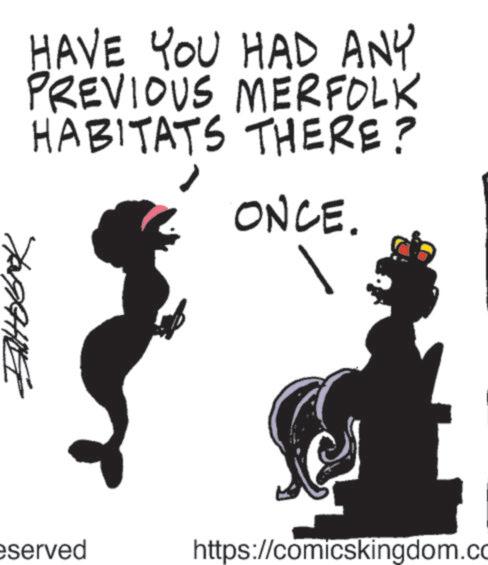 Photo caption OCR: HAVE YOU HAD ANY PREVIOUS MERFOLK HABITATS THERE? ONCE. ??????? eserved https://comicskingdom.co HAVE YOU HAD ANY PREVIOUS MERFOLK HABITATS THERE ? ONCE . ??????? eserved https://comicskingdom.co