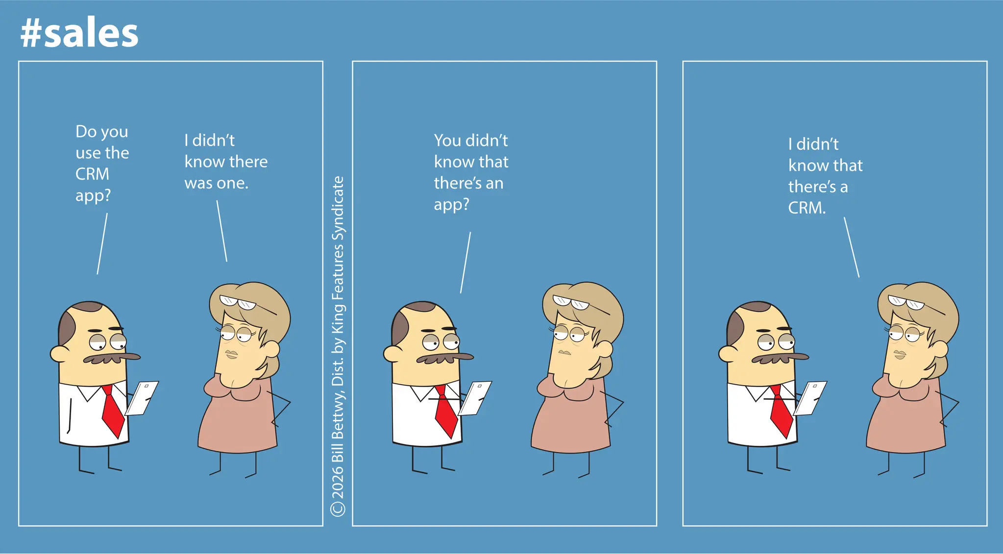 Photo caption OCR: #sales Do you use the CRM app? I didn't know there was one. You didn't know that there's an app? I didn't know that there's a CRM. #sales Do you use the CRM app ? I didn't know there was one . You didn't know that there's an app ? I didn't know that there's a CRM .