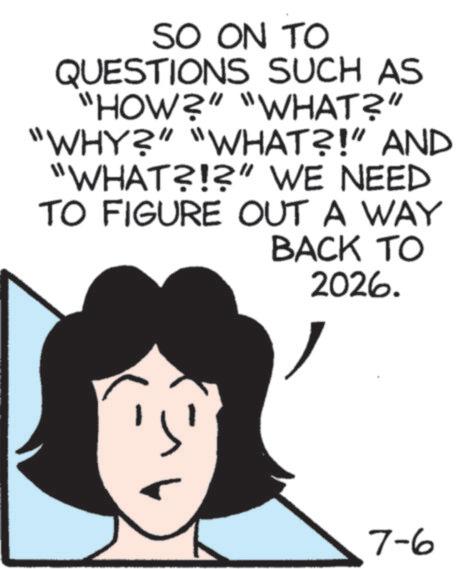 Graphics OCR: SO ON TO QUESTIONS SUCH AS "HOW?" "WHAT?" "WHY?" "WHAT?!” AND "WHAT?!?" WE NEED TO FIGURE OUT A WAY BACK TO 2026. 7-6 SO ON TO QUESTIONS SUCH AS " HOW ? " " WHAT ? " " WHY ? " " WHAT ?! ” AND " WHAT ? ! ? " WE NEED TO FIGURE OUT A WAY BACK TO 2026 . 7-6