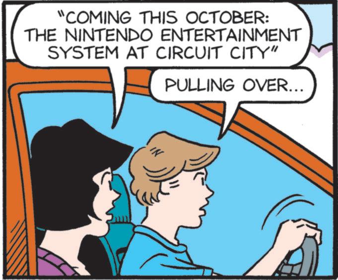 Animated cartoon OCR: "COMING THIS OCTOBER: THE NINTENDO ENTERTAINMENT SYSTEM AT CIRCUIT CITY" PULLING OVER... IN " COMING THIS OCTOBER : THE NINTENDO ENTERTAINMENT SYSTEM AT CIRCUIT CITY " PULLING OVER ... IN
