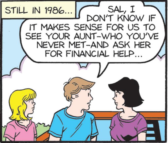 Animated cartoon OCR: STILL IN 1986... SALI DON'T KNOW IF IT MAKES SENSE FOR US TO SEE YOUR AUNT-WHO YOU'VE NEVER MET-AND ASK HER FOR FINANCIAL HELP... STILL IN 1986 ... SALI DON'T KNOW IF IT MAKES SENSE FOR US TO SEE YOUR AUNT - WHO YOU'VE NEVER MET - AND ASK HER FOR FINANCIAL HELP ...