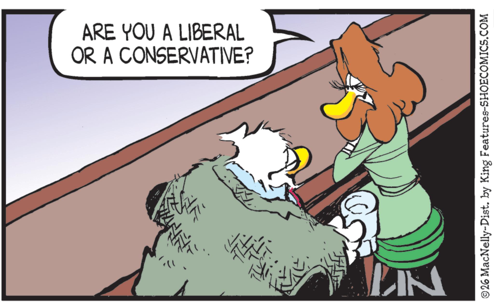 Animation OCR: ARE YOU A LIBERAL OR A CONSERVATIVE? KANN LIK ©26 MacNelly-Dist. by King Features-SHOECOMICS.COM ARE YOU A LIBERAL OR A CONSERVATIVE ? KANN LIK © 26 MacNelly - Dist . by King Features-SHOECOMICS.COM
